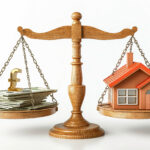 Wooden scales balancing a stack of money with a pound symbol against a small model house