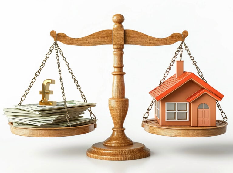 Wooden scales balancing a stack of money with a pound symbol against a small model house