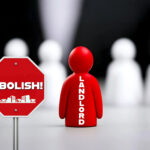 Red figure labeled “landlord” beside a sign reading “abolish” symbolizing Green Party housing reform.