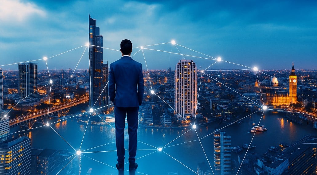 A businessperson stands on a London rooftop at twilight, overlooking the illuminated skyline with digital connection lines symbolising advertising reach and audience engagement.