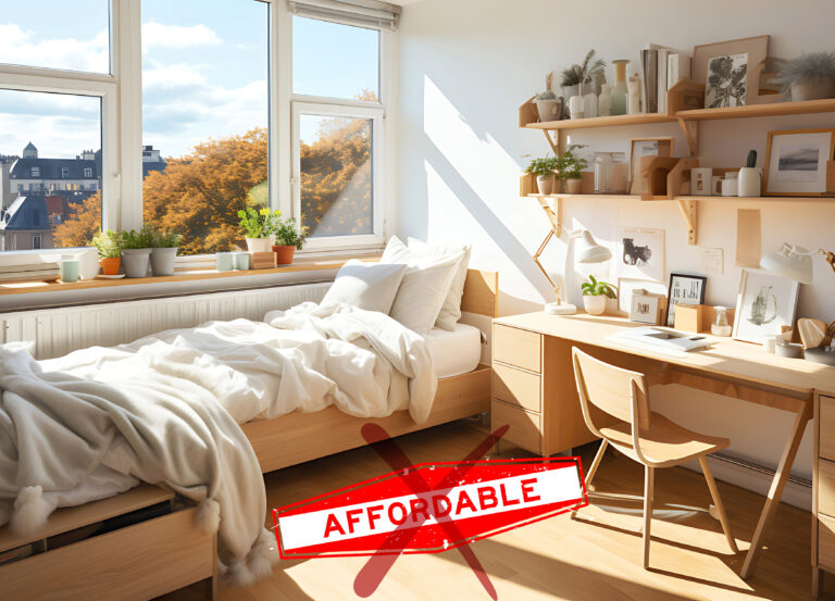Modern student bedroom with sunlight and desk setup highlighting affordability issues