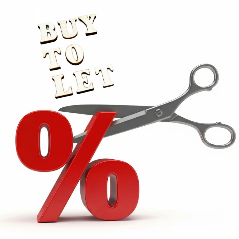Scissors cutting a red percent symbol with the words “Buy to Let,” symbolising falling mortgage rates.