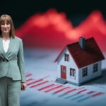Businesswoman holding budget folder beside model house and housing market charts.