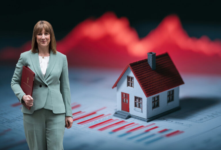 Businesswoman holding budget folder beside model house and housing market charts.