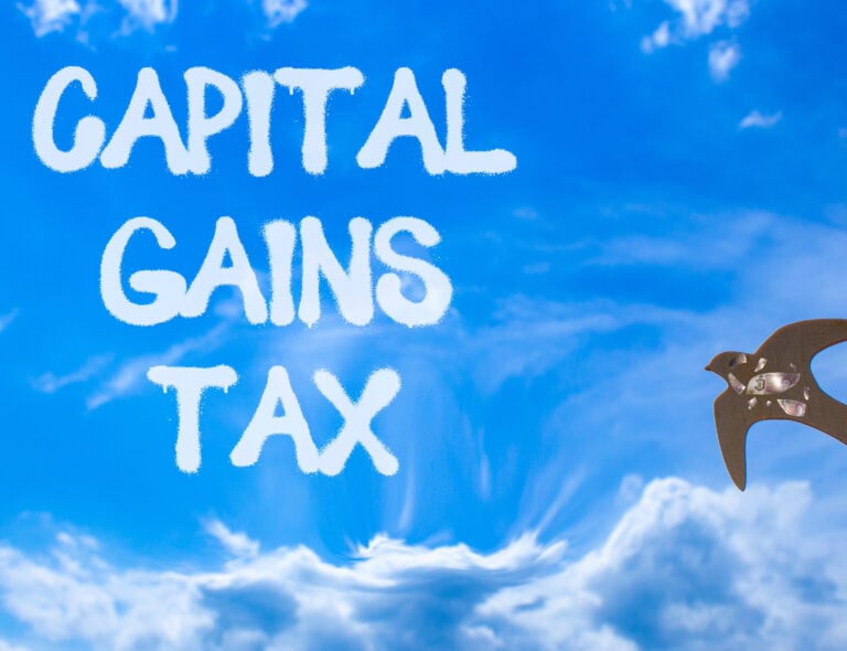 Capital Gains Tax concept with skywriting text and flying bird symbolizing financial freedom and taxation.