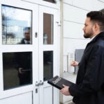 Council officer presses door buzzer while conducting a housing inspection visit.