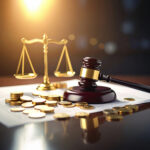 Gavel, scales of justice, and coins symbolizing court funding and legal reform