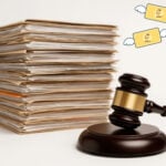 Judge’s gavel beside a tall stack of legal case files symbolising costly eviction delays.