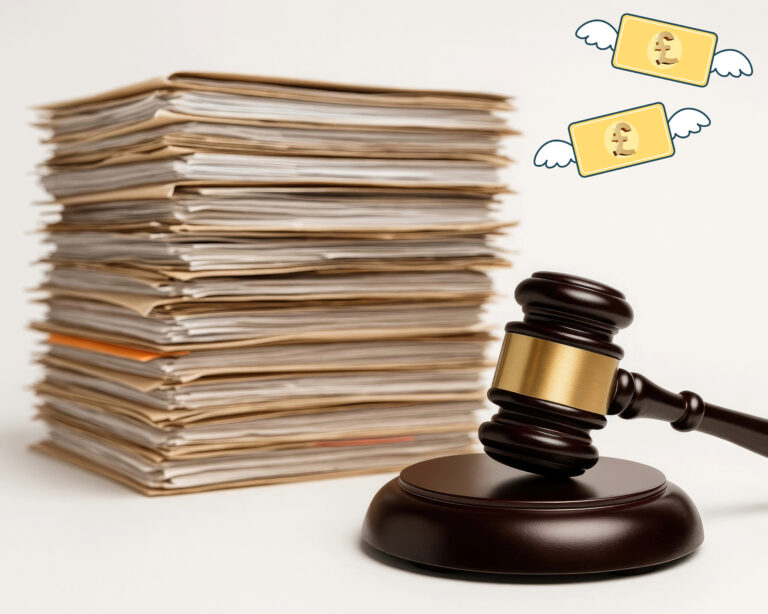 Judge’s gavel beside a tall stack of legal case files symbolising costly eviction delays.