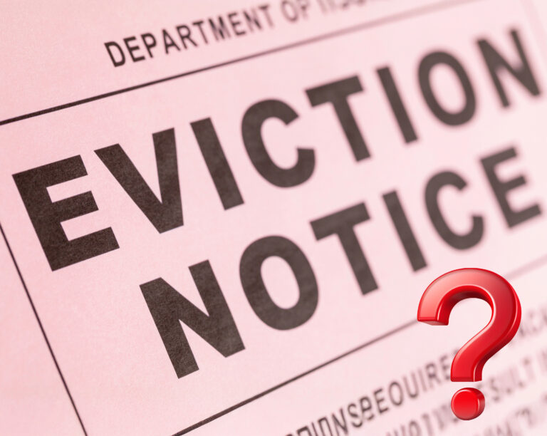Eviction notice with a red question mark symbolizing uncertainty about tenant removal process