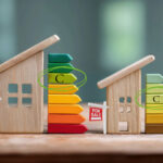 Two wooden house models beside colorful energy rating charts showing EPC grade C and “For Sale” signs.