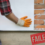 Worker installing faulty home insulation with “FAILED” stamp highlighting scheme issues