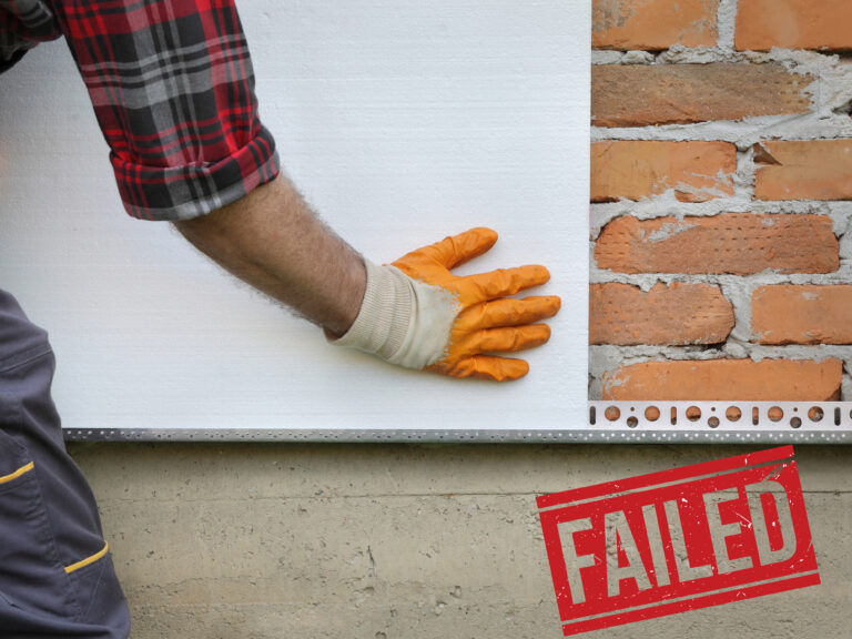 Worker installing faulty home insulation with “FAILED” stamp highlighting scheme issues