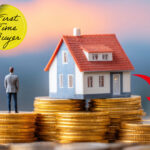 Model house on stacked coins with “First Time Buyer” label, showing falling affordability for new homeowners
