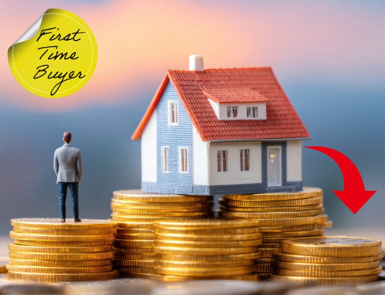 Model house on stacked coins with “First Time Buyer” label, showing falling affordability for new homeowners