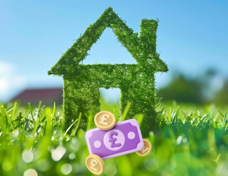 Green house symbol on grass with pound currency icons, representing cost of eco-friendly home upgrades