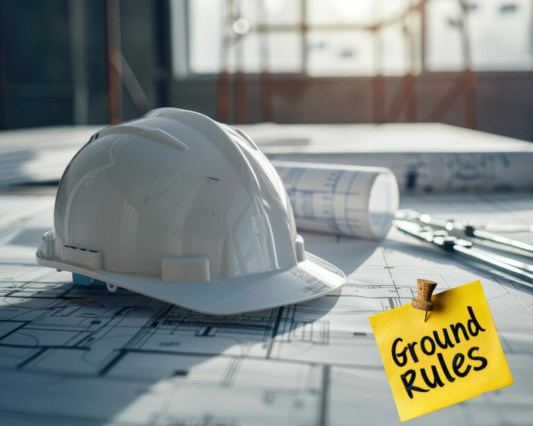 White hard hat on architectural plans symbolizing new housing planning rules.