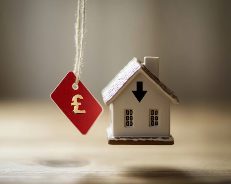 Small house model with pound sign tag symbolising UK house price decline.
