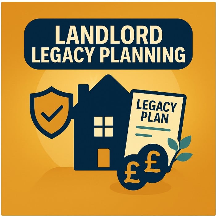 Landlord Legacy Planning graphic showing a house, shield, document labelled Legacy Plan, and pound symbols representing family wealth protection.