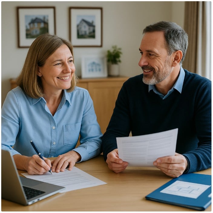 Professional landlord couple reviewing their life insurance paperwork at home, reflecting on whether their cover still fits their current property portfolio.