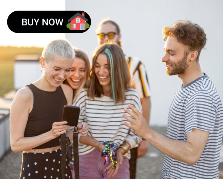 Millennials laughing together while viewing a phone with a “Buy Now” house icon overlay.
