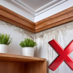 Damp and mould on a wall beneath wooden trim with a red cross symbol highlighting poor maintenance.