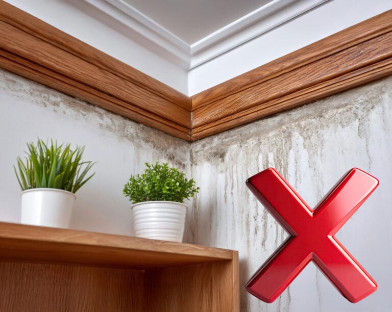 Damp and mould on a wall beneath wooden trim with a red cross symbol highlighting poor maintenance.