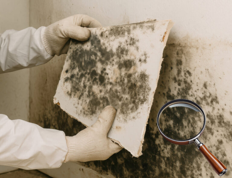 Severe black mould on damaged wall panel during property inspection.