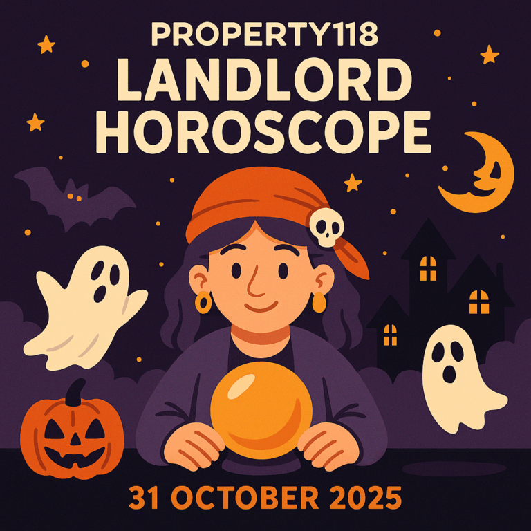 Mystic Mortar Landlord Horoscope 31 October 2025 – square cartoon Halloween-themed illustration with fortune teller, pumpkin, ghosts and bold headline.