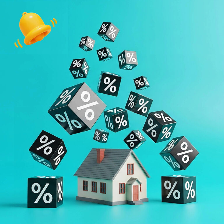 House surrounded by floating percentage cubes symbolizing mortgage rate reductions