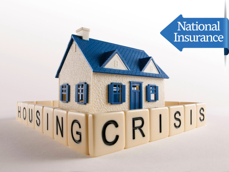 Model house surrounded by “housing crisis” blocks with National Insurance sign.