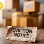 Crumpled eviction notice with moving boxes in the background, symbolizing housing uncertainty.