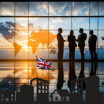 Business people discussing UK property investment with global market backdrop