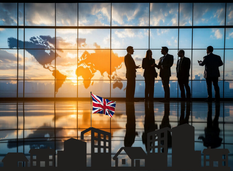 Business people discussing UK property investment with global market backdrop