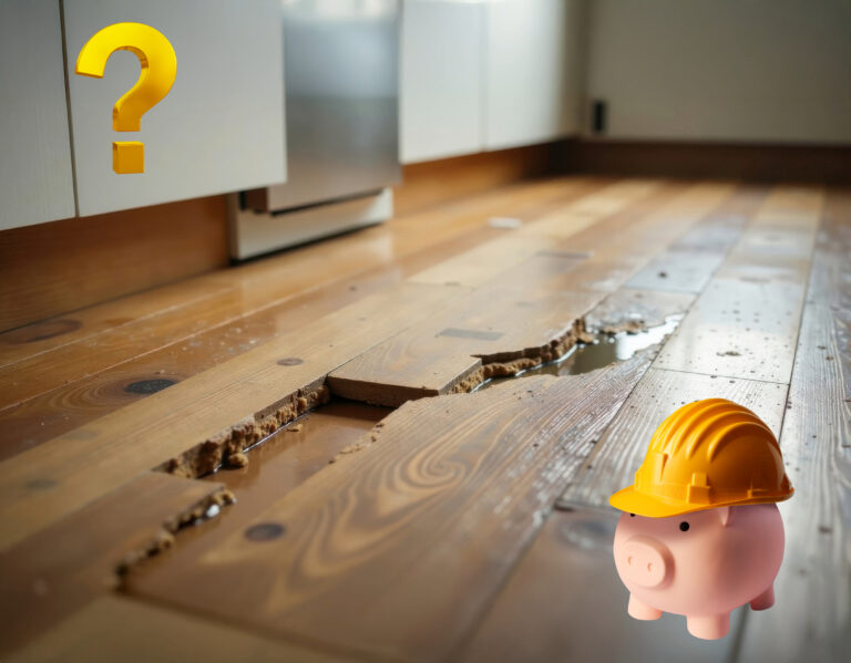 Damaged kitchen floor with water and piggy bank in hard hat symbolizing repair and deposit dispute