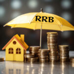 Stacks of coins and a house model under a yellow umbrella labeled RRB, symbolizing landlord financial protection.