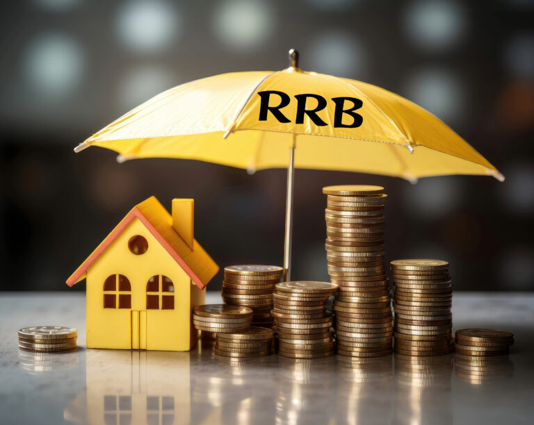 Stacks of coins and a house model under a yellow umbrella labeled RRB, symbolizing landlord financial protection.