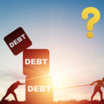 Illustration of two people managing heavy debt blocks with a question mark in the sky.