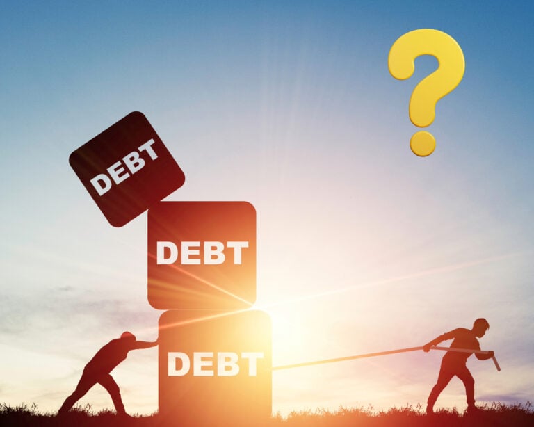 Illustration of two people managing heavy debt blocks with a question mark in the sky.