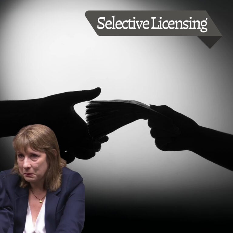 Hands exchanging money symbolising selective licensing fees and compliance issues.