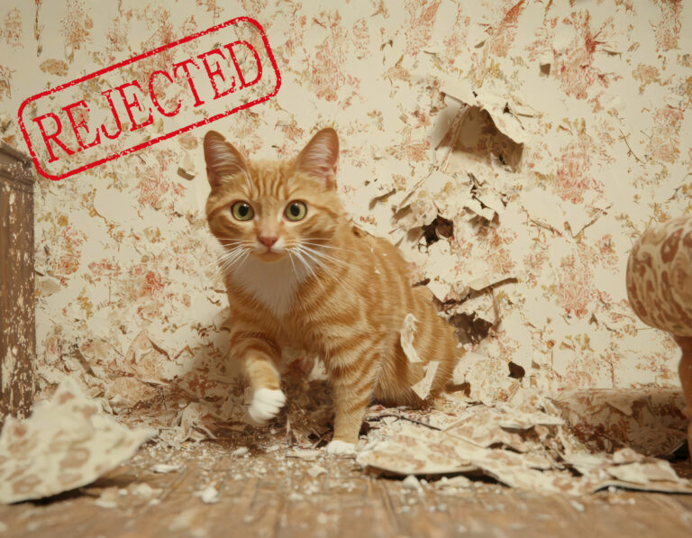 Mischievous cat amid torn wallpaper with “rejected” stamp, symbolising failure of pet deposit proposal