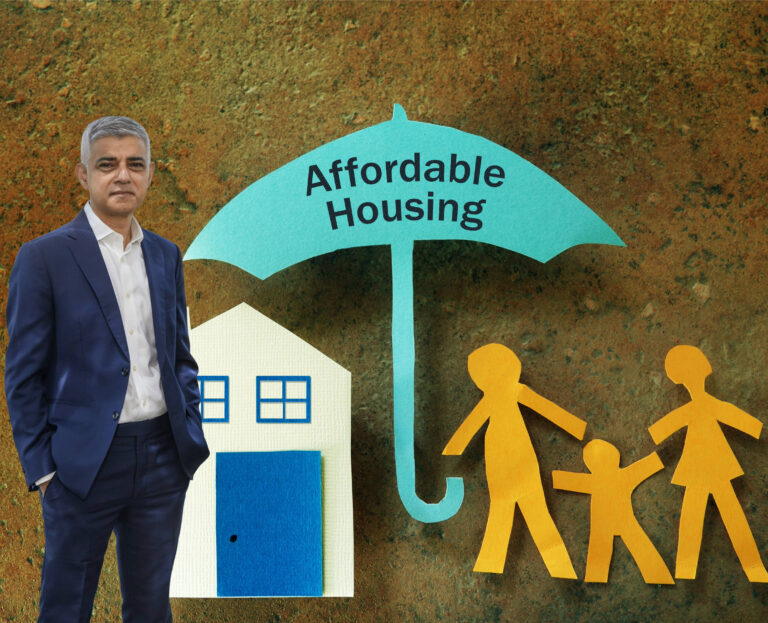 London Mayor Sadiq Khan with affordable housing graphic showing a house, umbrella, and family figures