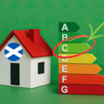 House with Scottish flag beside EPC energy rating chart highlighting grade C.