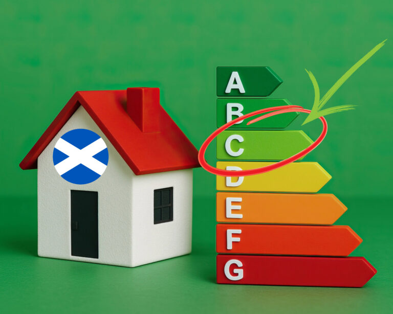 House with Scottish flag beside EPC energy rating chart highlighting grade C.