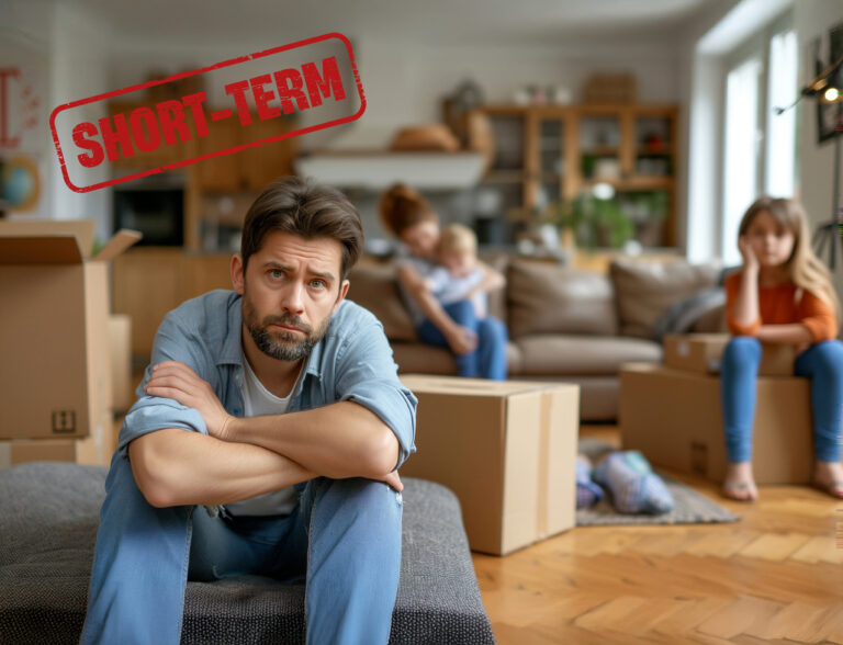 Family surrounded by moving boxes facing uncertainty in short-term housing
