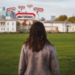 Young adult facing expensive city housing with “unaffordable” signs symbolizing rising rent costs.
