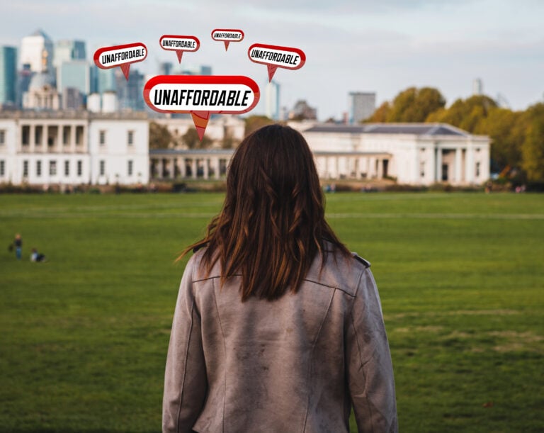 Young adult facing expensive city housing with “unaffordable” signs symbolizing rising rent costs.