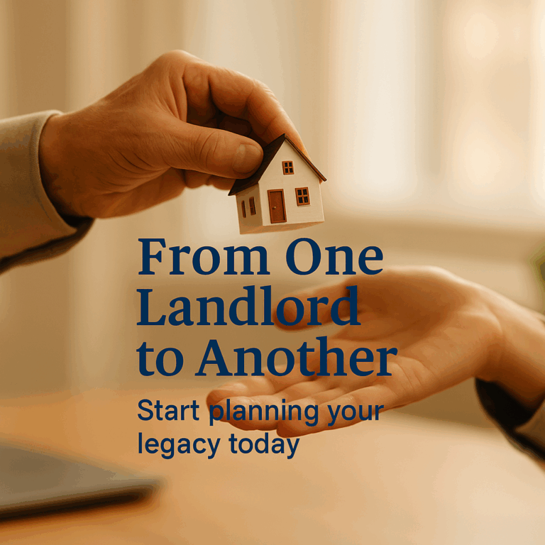 Older landlord handing keys to next generation, symbolising legacy planning with Property118.