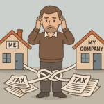 Landlord standing between two houses labelled “Me” and “My Company”, tangled in tax paperwork — illustrating problems with renting properties to your own company.