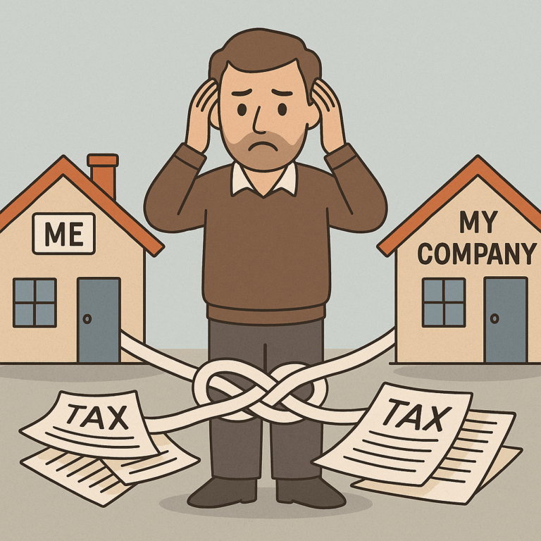 Landlord standing between two houses labelled “Me” and “My Company”, tangled in tax paperwork — illustrating problems with renting properties to your own company.